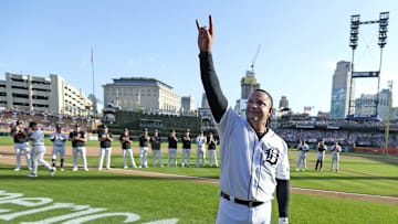 Detroit Tigers designated hitter Miguel Cabrera waves to fans after making his last play at first base as a Tigear during eighth inning action on Sunday, Oct. 1, 2023.