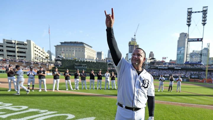 Detroit Tigers designated hitter Miguel Cabrera waves to fans after making his last play at first base as a Tigear during eighth inning action on Sunday, Oct. 1, 2023. Detroit Tigers designated hitter Miguel Cabrera waves to fans after making his last play at first base as a Tigear during eighth inning action on Sunday, Oct. 1, 2023.
