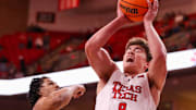 Texas Tech's Nolan Groves grabs a rebound against Lindenwood during a non-conference men's basketball game, Tuesday, Nov. 4, 2025, at United Supermarkets Arena.