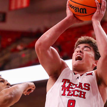 Texas Tech's Nolan Groves grabs a rebound against Lindenwood during a non-conference men's basketball game, Tuesday, Nov. 4, 2025, at United Supermarkets Arena.