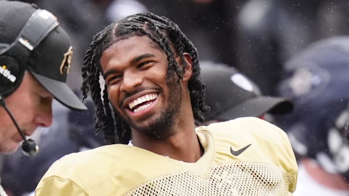 Apr 27, 2024: Colorado Buffaloes quarterback Shedeur Sanders reacts during a spring game event at Folsom Field.