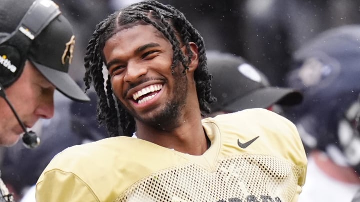 Apr 27, 2024; Boulder, CO, USA; Colorado Buffaloes quarterback Shedeur Sanders (2) reacts during a spring game event at Folsom Field. 