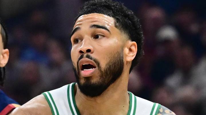 Mar 8, 2026; Cleveland, Ohio, USA; Boston Celtics forward Jayson Tatum (0) drives to the basket against Cleveland Cavaliers guard Jaylon Tyson (20) during the first half at Rocket Arena. Mandatory Credit: Ken Blaze-Imagn Images