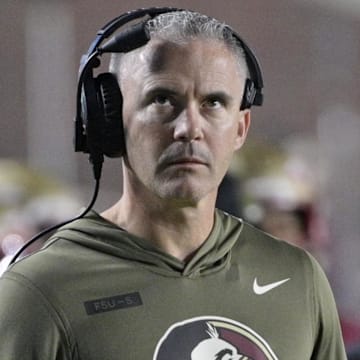 Nov 15, 2025; Tallahassee, Florida, USA; Florida State Seminoles head coach Mike Norvell during the second half against the Virginia Tech Hokies at Doak S. Campbell Stadium. Mandatory Credit: Melina Myers-Imagn Images