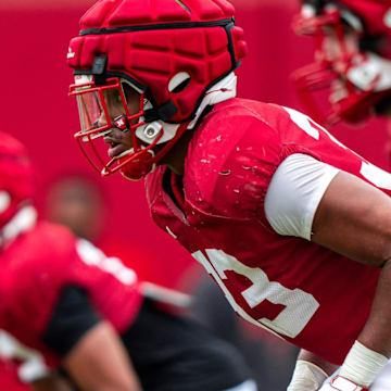 Inside linebacker Javin Wright takes part in a Nebraska football practice on Aug. 6, 2024.