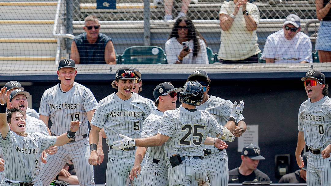 Wake Forest celebrates outside the dugout against the Georgia Tech Yellow Jackets.