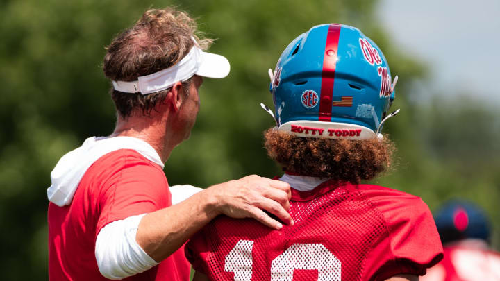 Ole Miss head coach Lane Kiffin and WR Cayden Lee