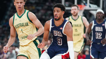 Indiana Pacers guard Tyrese Haliburton handles the ball in a game against Australia during the USA Basketball Showcase on July 15, 2024. Team USA won 98-92. (Mandatory Photo Credit: USA Basketball)