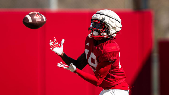 Wide receiver Jaylen Lloyd catches a pass during Nebraska football spring practice on Thursday, April 4, 2024.