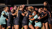 Vanderbilt's soccer team celebrates an upset win against No. 1 seed Florida State in the 2024 NCAA Tournament.