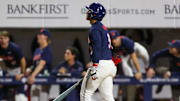 Ole Miss Rebels designated hitter Hayden Federico watches as his home run leaves Oxford-University Stadium at Swayze Field on March 7, 2025 in a college baseball game against the Jacksonville State Gamecocks.