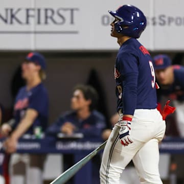Ole Miss Rebels designated hitter Hayden Federico watches as his home run leaves Oxford-University Stadium at Swayze Field on March 7, 2025 in a college baseball game against the Jacksonville State Gamecocks.