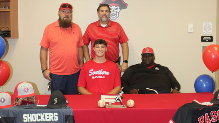 Pasco High pitcher Jayce Rollins signs with Florida Southern College on Nov. 19, 2024. Photo provided by Pasco High Pasco High pitcher Jayce Rollins signs with Florida Southern College on Nov. 19, 2024. Photo provided by Pasco High