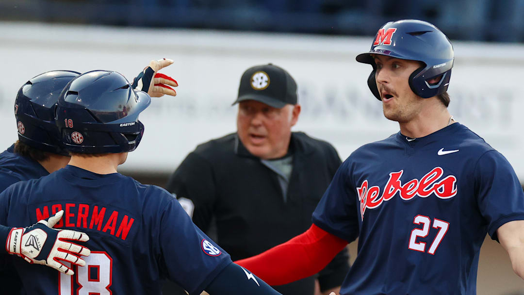 Judd Utermark celebrates hitting a home run during Ole Miss baseball's win over Wright State at Swayze Field on Feb. 28, 2025.