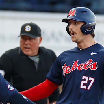 Judd Utermark celebrates hitting a home run during Ole Miss baseball's win over Wright State at Swayze Field on Feb. 28, 2025.