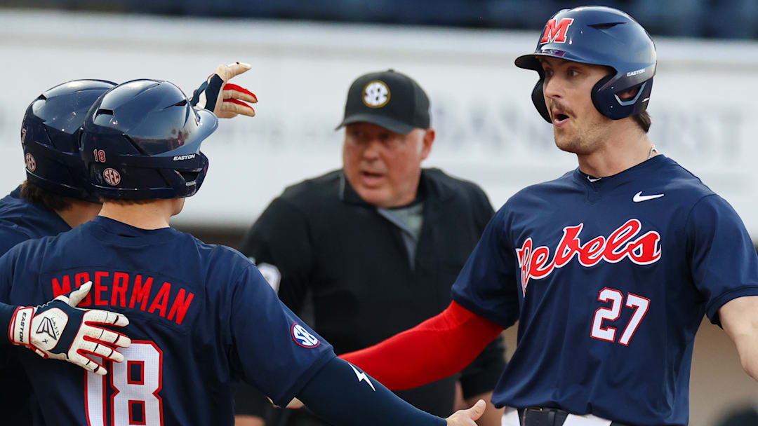 Judd Utermark celebrates hitting a home run during Ole Miss baseball's win over Wright State at Swayze Field on Feb. 28, 2025.