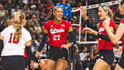 Harper Murray celebrates after the Huskers score a point against Purdue. She finished with 16 kills and .640 hitting percentage. 