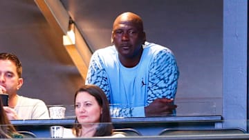Dec 1, 2017; Charlotte, NC, USA; North Carolina Tar Heels former player Michael Jordan watches the game against the Davidson Wildcats from a suite at the Spectrum Center. Mandatory Credit: Jeremy Brevard-Imagn Images