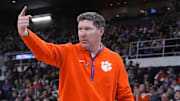 Mar 20, 2025; Providence, RI, USA; Clemson Tigers head coach Brad Brownell reacts during the second half against the McNeese State Cowboys at Amica Mutual Pavilion.