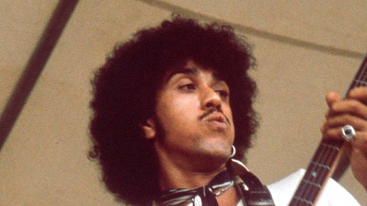 Phil Lynott of Thin Lizzy performs