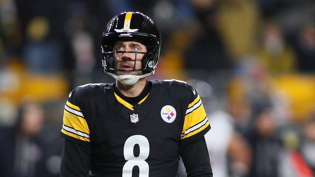 Pittsburgh Steelers quarterback Aaron Rodgers (8) looks on after being sacked during the first half of the NFL Wild Card game against the Houston Texans at Acrisure Stadium in Pittsburgh, PA on January 12, 2026.