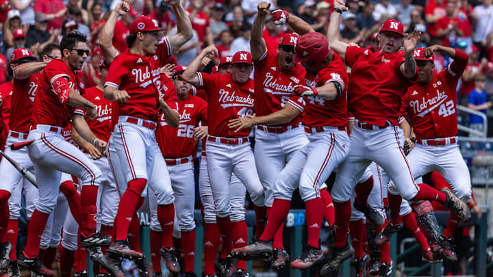 Nebraska baseball players celebrate a home run during the 2024 Big Ten Conference Tournament in Omaha.