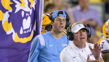 Oct 21, 2023; Baton Rouge, Louisiana, USA; LSU Tigers head coach Brian Kelly reacts during a game against the Army Black Knights at Tiger Stadium. Mandatory Credit: Matthew Hinton-USA TODAY Sports