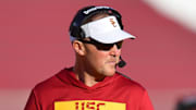 Nov 16, 2024; Los Angeles, California, USA; Southern California Trojans head coach Lincoln Riley watches game action against the Nebraska Cornhuskers during the second half at the Los Angeles Memorial Coliseum. Mandatory Credit: Gary A. Vasquez-Imagn Images