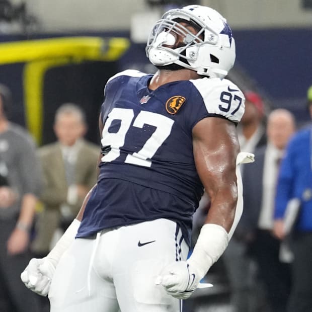 Dallas Cowboys defensive tackle Osa Odighizuwa celebrates after a sack against the New York Giants.