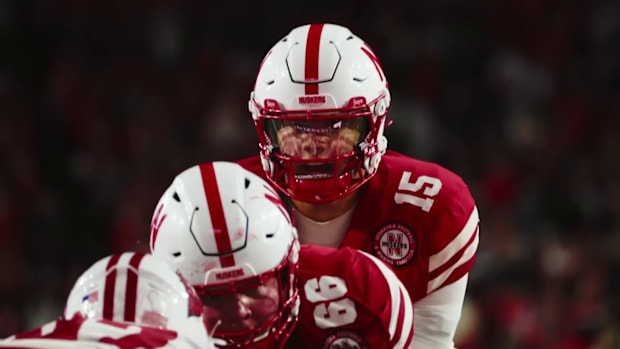 Nebraska quarterback Dylan Raiola prepares to take a snap from center Ben Scott against Wisconsin on Nov. 23, 2024 in Lincoln