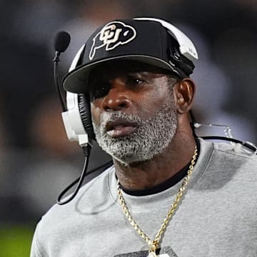Oct 26, 2024; Boulder, Colorado, USA; Colorado Buffaloes head coach Deion Sanders walks the sidelines in the second half against the Cincinnati Bearcats at Folsom Field. Mandatory Credit: Ron Chenoy-Imagn Images