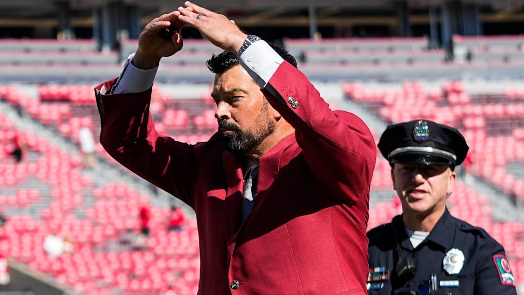 Ohio State Buckeyes head coach Ryan Day gives the “O” sign before the game against Texas Longhorns at Ohio Stadium on Saturday, Aug. 30, 2025 in Columbus, Ohio.