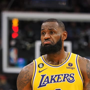 Oct 14, 2022; Sacramento, California, USA;  Los Angeles Lakers small forward LeBron James (6) looks towards the bench between plays against the Sacramento Kings during the second quarter at Golden 1 Center. Mandatory Credit: Kelley L Cox-USA TODAY Sports
