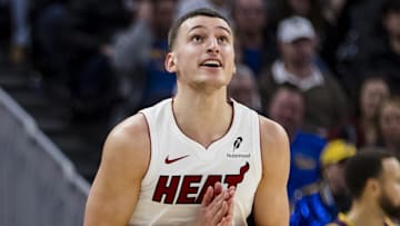Jan 7, 2025; San Francisco, California, USA;  Miami Heat forward Nikola Jovic (5) reacts after hitting a three-point shot against the Golden State Warriors during the fourth quarter at Chase Center. Mandatory Credit: John Hefti-Imagn Images