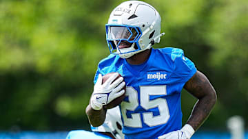Detroit Lions running back Kye Robichaux (25) practices during OTA at Meijer Performance Center in Allen Park on Friday, May 30, 2025.