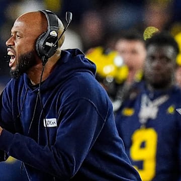 Michigan defensive backs coach LaMar Morgan reacts to a play against Oregon during the second half at Michigan Stadium in Ann Arbor on Saturday, Nov. 2, 2024.