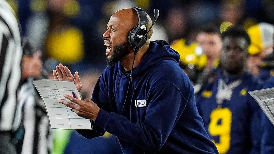 Michigan defensive backs coach LaMar Morgan reacts to a play against Oregon during the second half at Michigan Stadium in Ann Arbor on Saturday, Nov. 2, 2024. Michigan defensive backs coach LaMar Morgan reacts to a play against Oregon during the second half at Michigan Stadium in Ann Arbor on Saturday, Nov. 2, 2024.