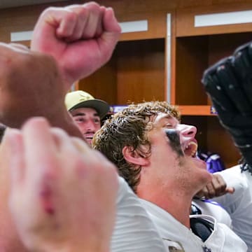 J.J. McCarthy howling during his "dog in the street" breakdown following Minnesota's win over Detroit. 
