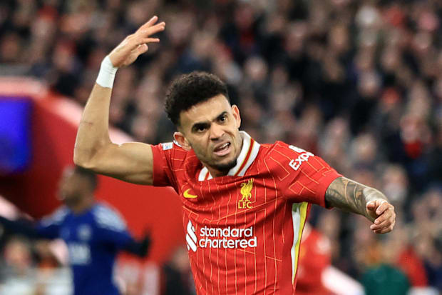 Liverpool's Luis Diaz encouraging the crowd.