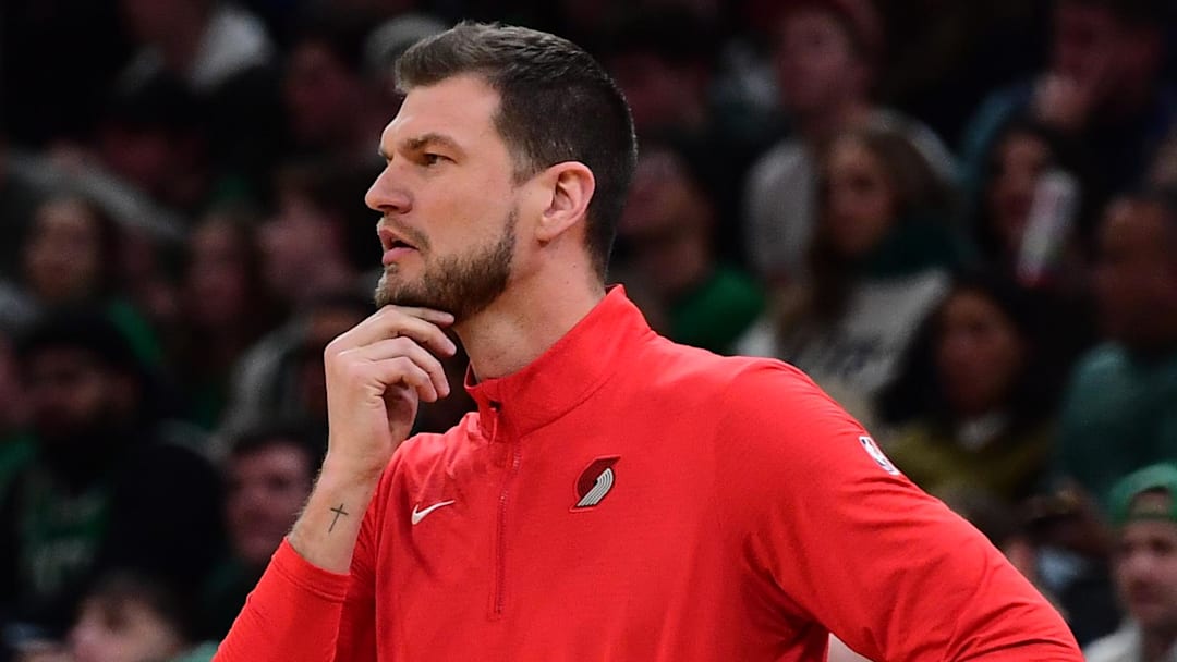 Jan 26, 2026; Boston, Massachusetts, USA; Portland Trail Blazers acting head coach Tiago Splitter looks on during the second half against the Boston Celtics at TD Garden. Mandatory Credit: Bob DeChiara-Imagn Images