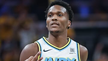 Indiana Pacers wing Bennedict Mathurin during Game 1 of the 2025 NBA Playoffs against the Milwaukee Bucks.