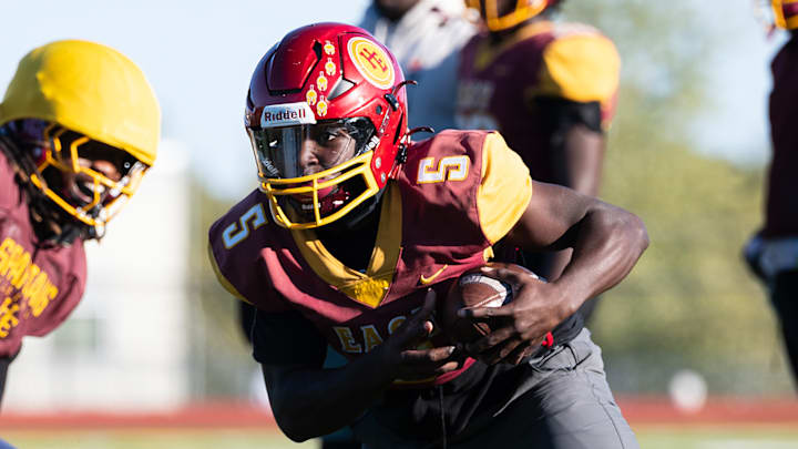 Hazelwood East senior running back Terrance Little carries the ball during practice at Hazelwood East High School on October 23, 2025. Hazelwood East senior running back Terrance Little carries the ball during practice at Hazelwood East High School on October 23, 2025.