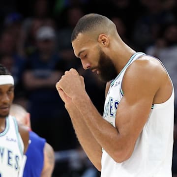 Mar 3, 2024; Minneapolis, Minnesota, USA; Minnesota Timberwolves center Rudy Gobert (27) reacts late in the second half against the LA Clippers at Target Center. Mandatory Credit: Matt Krohn-Imagn Images