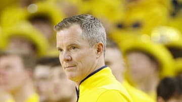 Feb 21, 2025; Ann Arbor, Michigan, USA; Michigan Wolverines head coach Dusty May looks on during the first half against the Michigan State Spartans at Crisler Center. Mandatory Credit: Brian Bradshaw Sevald-Imagn Images