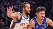 Orlando Magic forward Tristan da Silva looks to drive past New York Knicks guard Jalen Brunson.