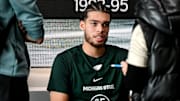 Michigan State's Jesse McCulloch talks to reporters during men's basketball media day on Thursday, Oct. 17, 2024, at the Breslin Center in East Lansing.