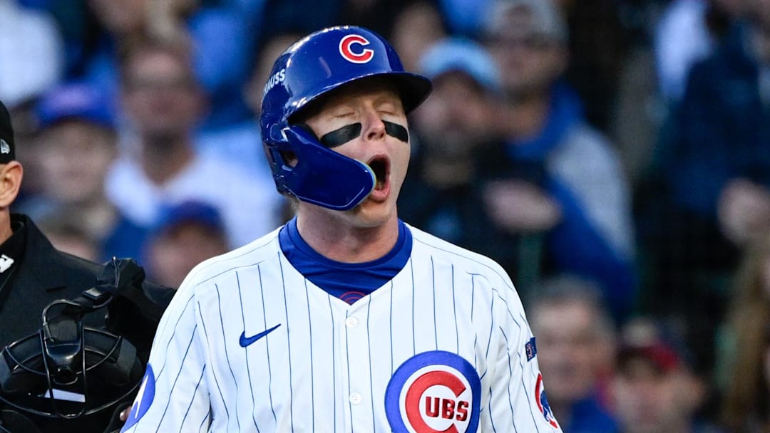 Oct 8, 2025; Chicago, Illinois, USA; Chicago Cubs center fielder Pete Crow-Armstrong (4) reacts after striking out against the Milwaukee Brewers in the third inning during game three of the NLDS round for the 2025 MLB playoffs at Wrigley Field. Mandatory Credit: Matt Marton-Imagn Images
