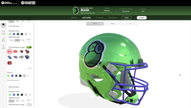 EA Sports CFB 25 Team Builder helmet editor.