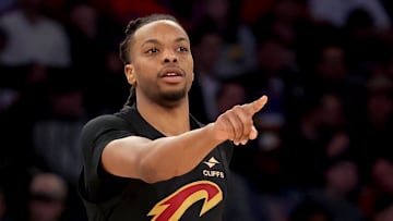 Cleveland Cavaliers guard Darius Garland brings the ball up court against the New York Knicks. 