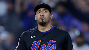 May 30, 2025; New York City, New York, USA; New York Mets relief pitcher Edwin Diaz (39) reacts after getting the last out of the game against the Colorado Rockies at Citi Field. Mandatory Credit: Brad Penner-Imagn Images